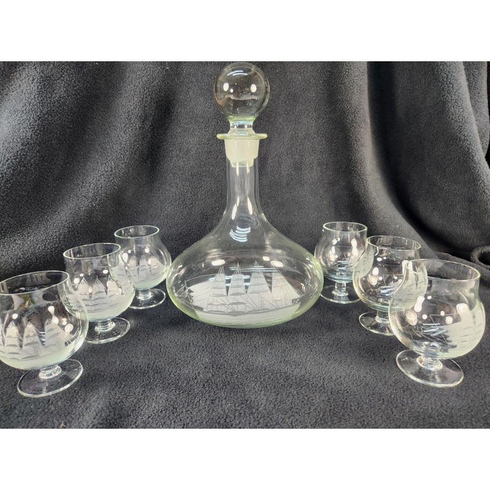 Toscany Clipper (1) Decanter (6) Snifter Glasses Vintage Clear Etched Ship Glass